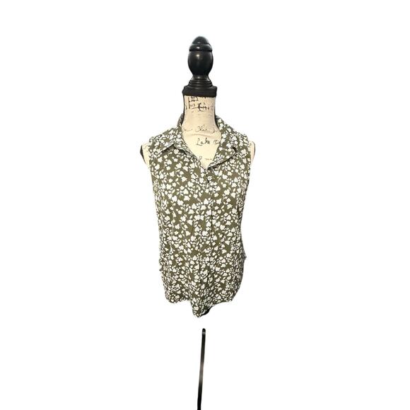 Cabi Sleeveless Button-Down Blouse – Olive Green and White Print – Size Small - Picture 1 of 9